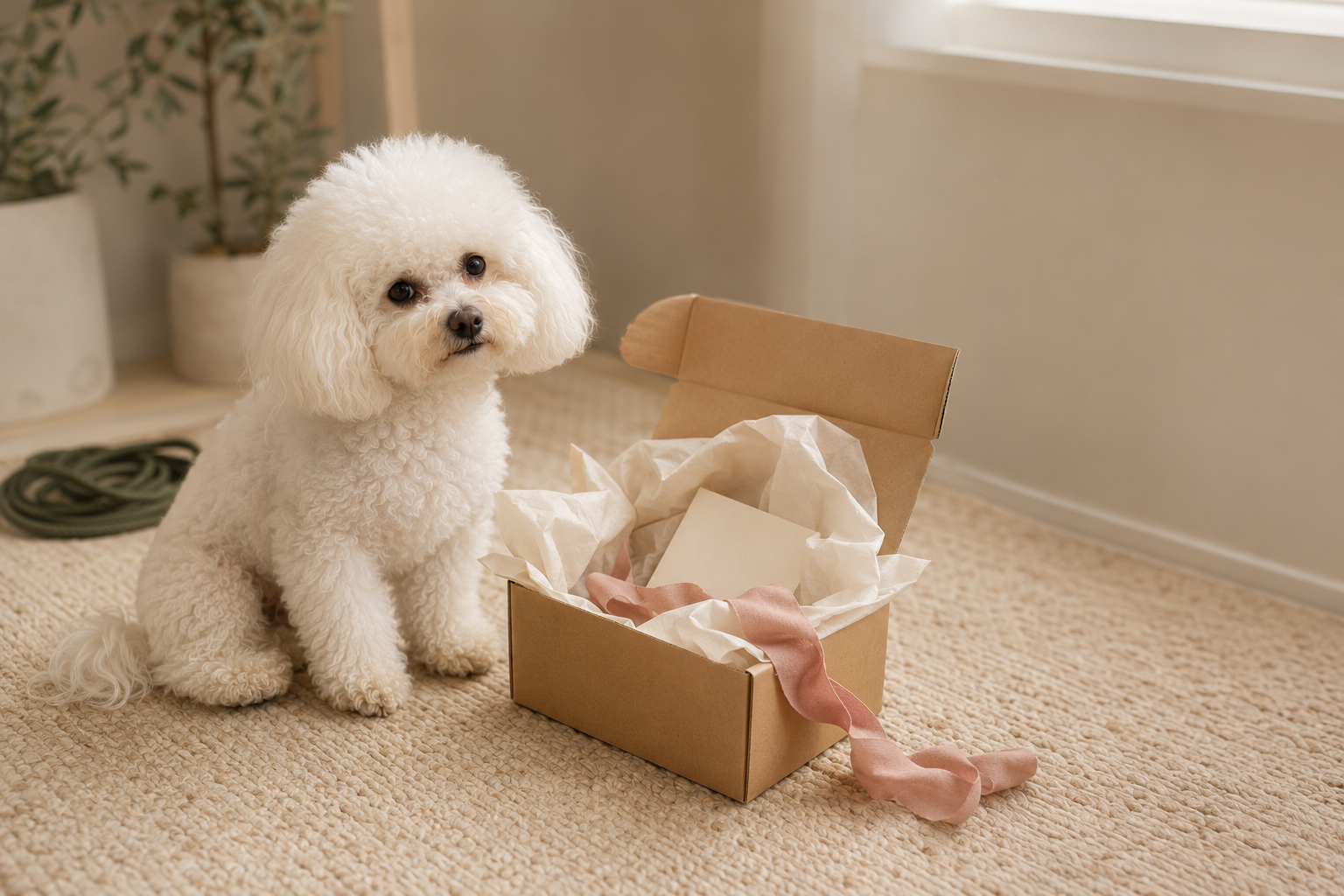Coco sitting beside a carefully prepared Bichon Boutique parcel
