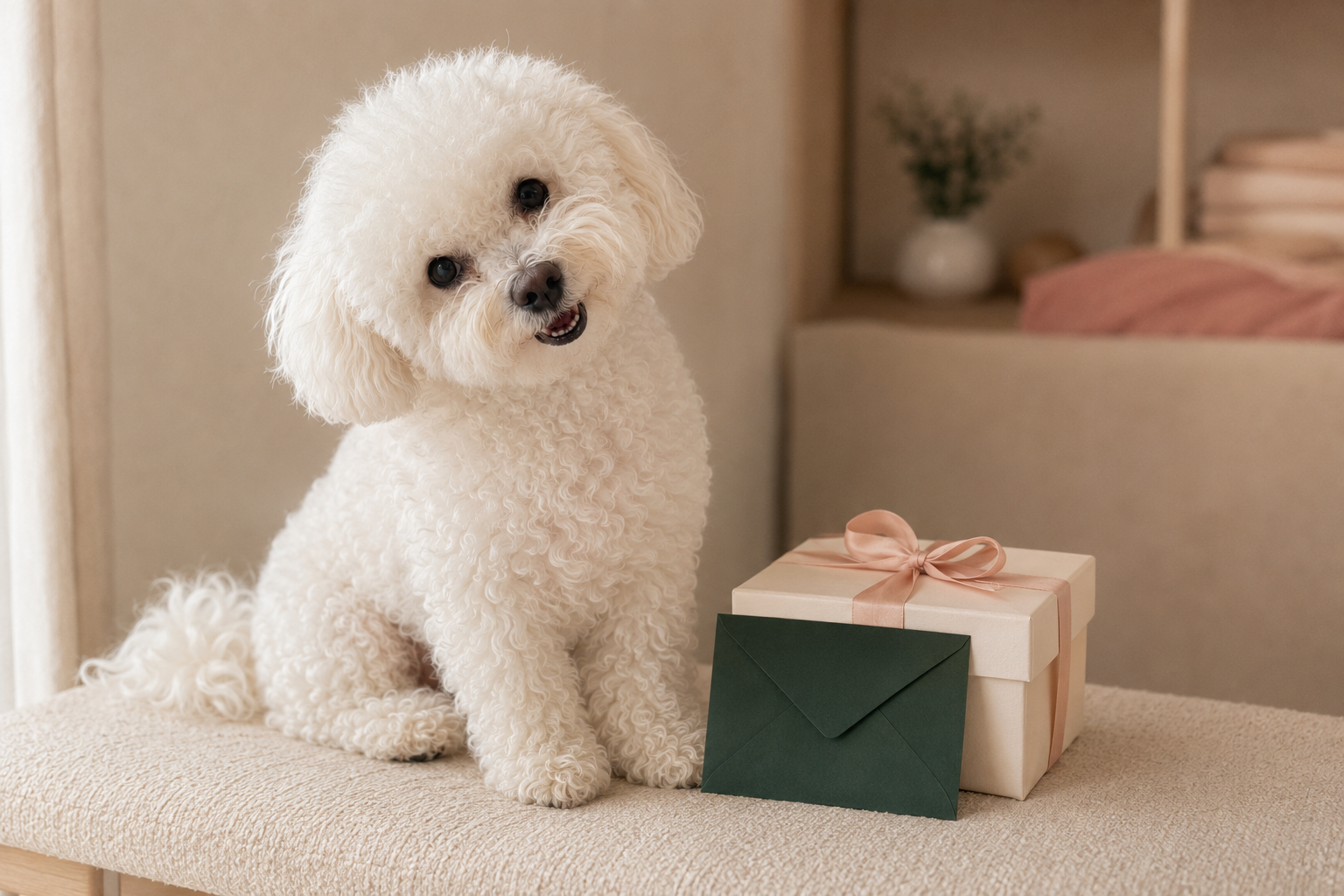 Coco the Bichon Frise beside a Bichon Boutique gift and envelope