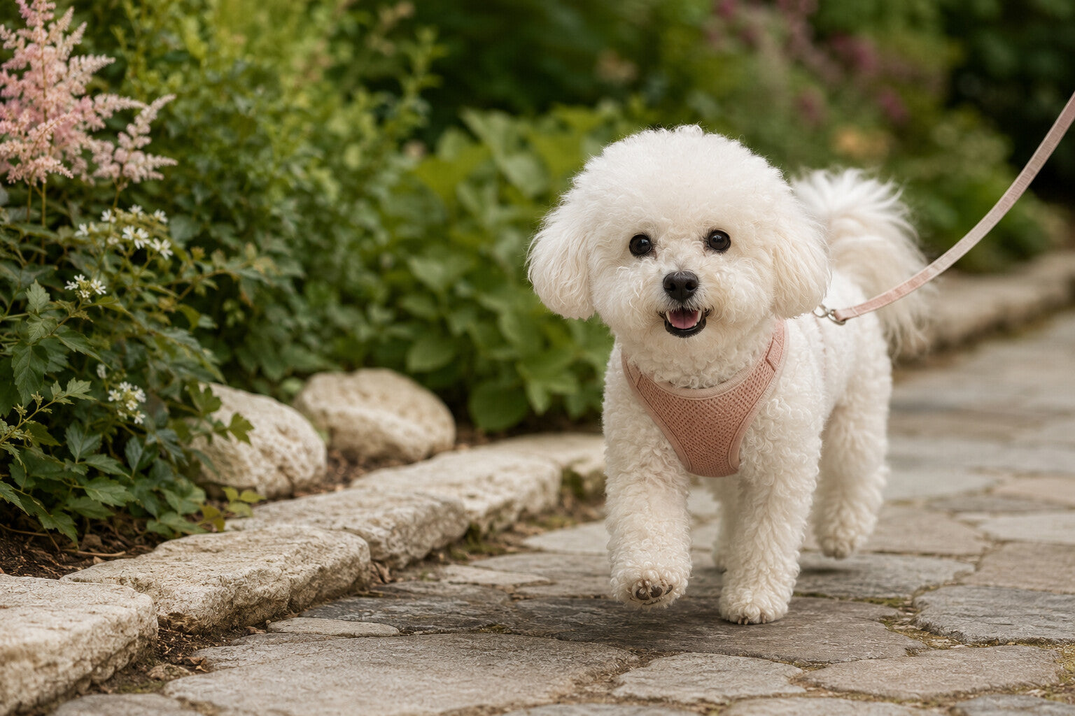 Coco enjoying a comfortable walk in a small-dog harness