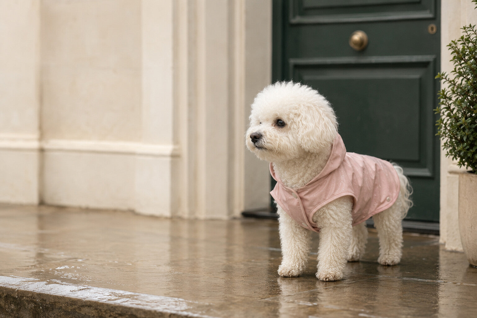Coco wearing a comfortable small-dog layer