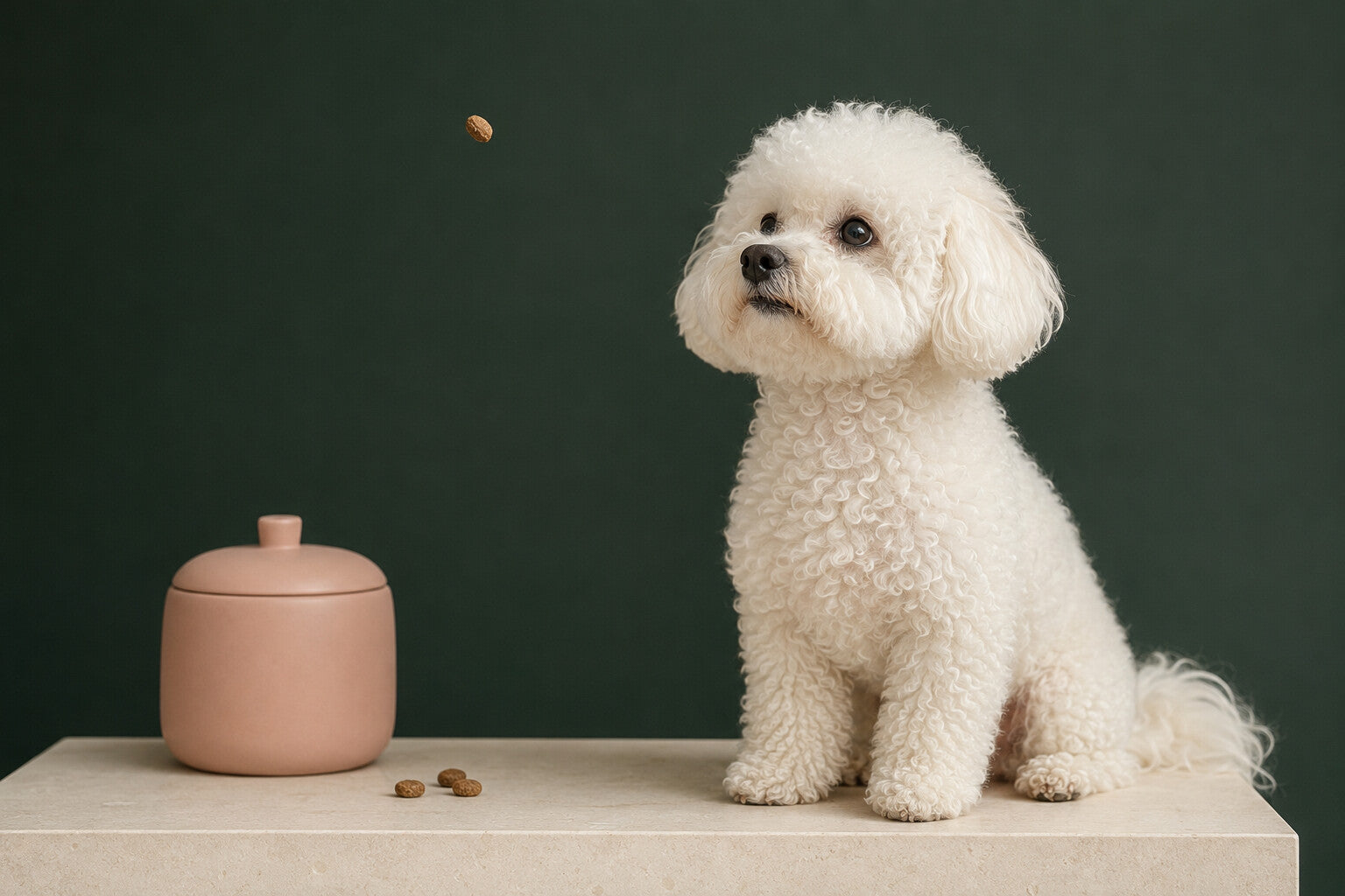 Coco waiting attentively beside thoughtfully selected dog treats