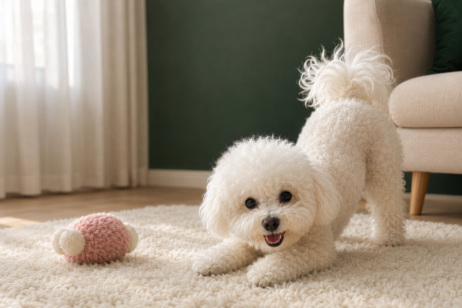 Coco enjoying a small plush toy in a refined play space