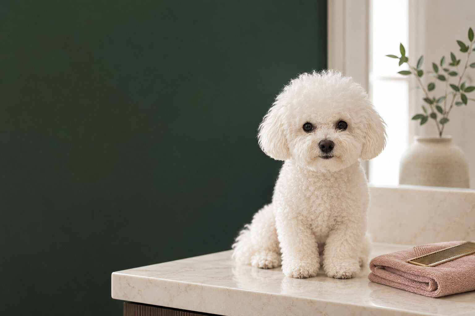 Coco beside a calm and minimal small-dog care setup