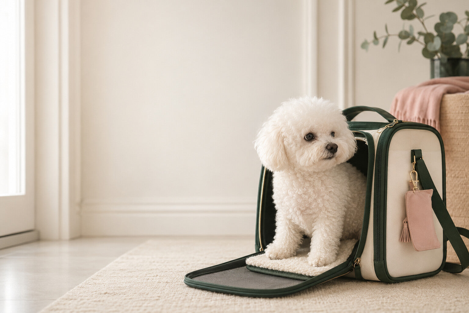 Coco beside a comfortable small-dog travel carrier
