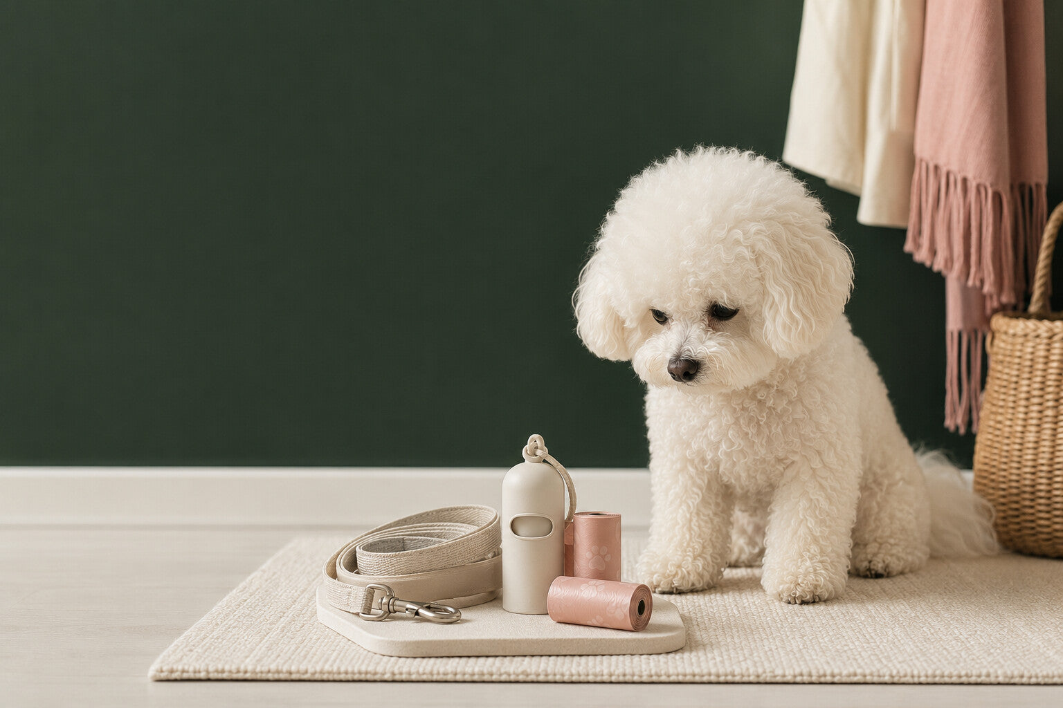 A tasteful small-dog walk kit with leash, waste bags and dispenser