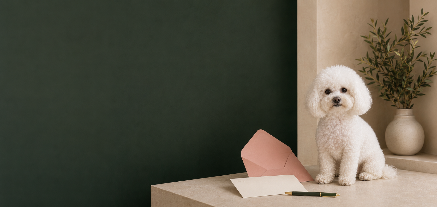 Coco the Bichon Frise beside a blush envelope on a cream counter