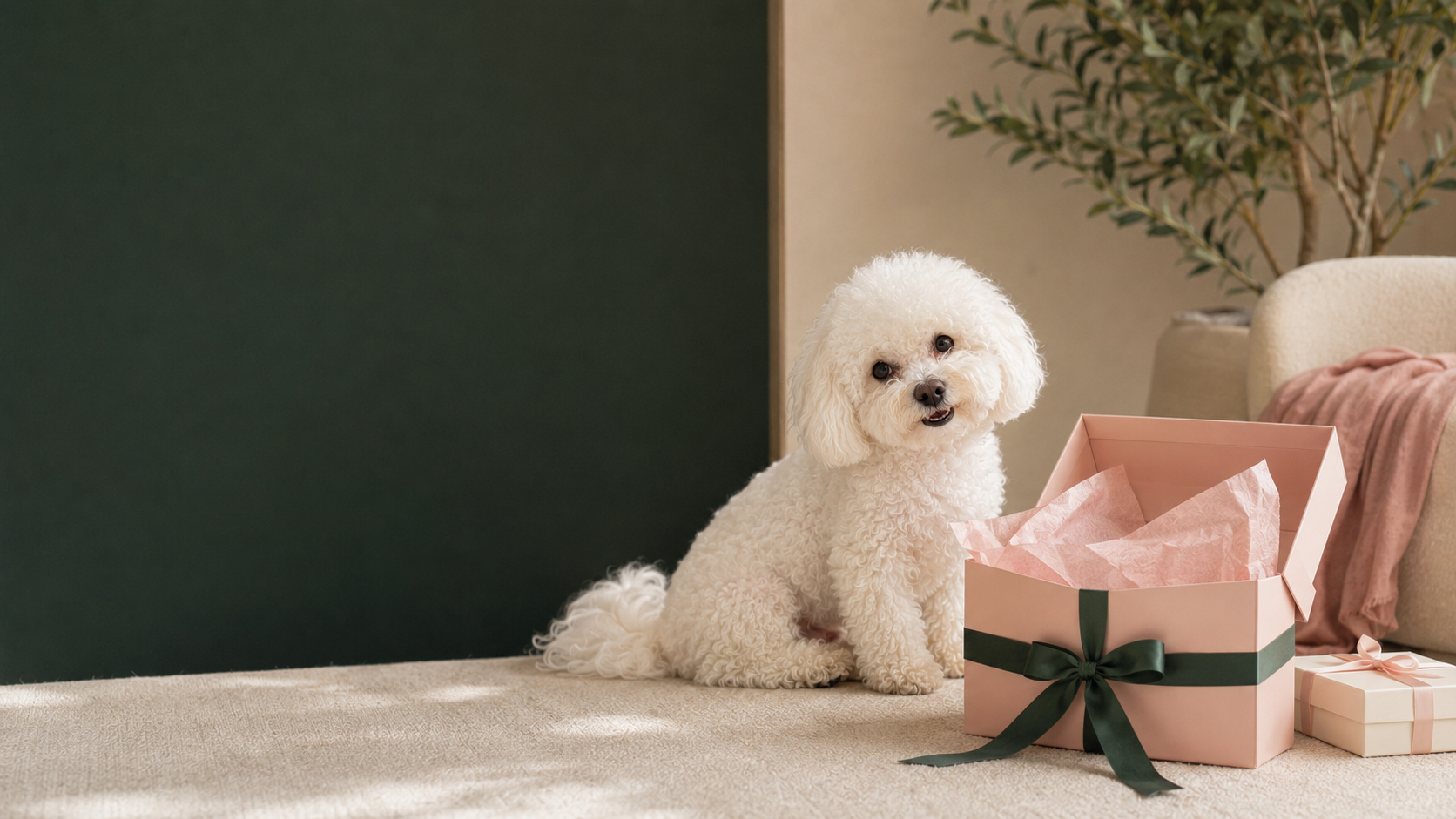 Coco the Bichon Frise sitting beside a blush rewards gift box